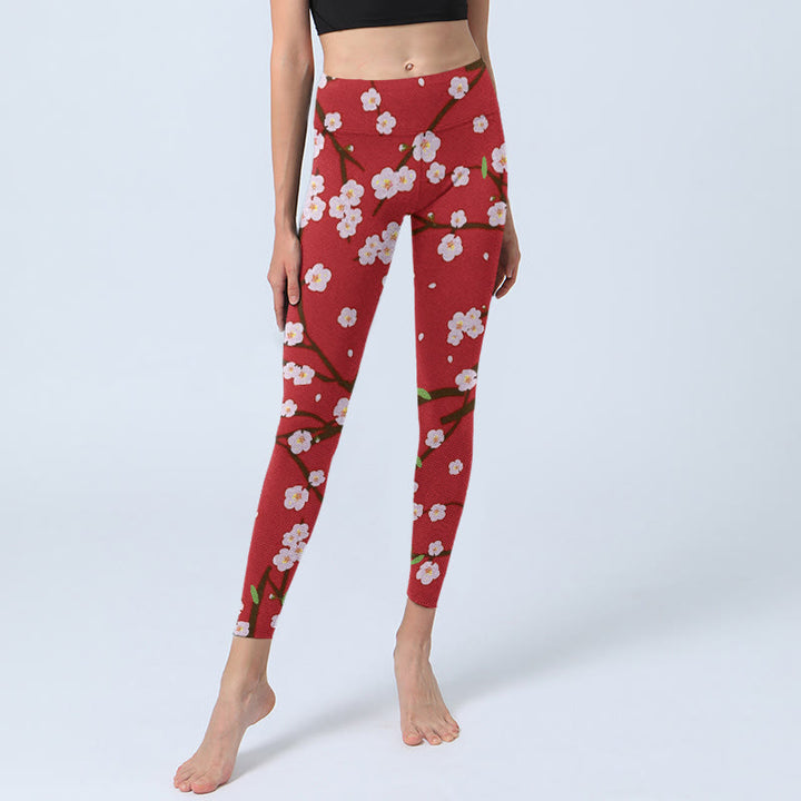 Leggings da palestra con stampa Buddha Stones, fiori di prugno, rami e foglie, pantaloni da yoga da donna - image 5
