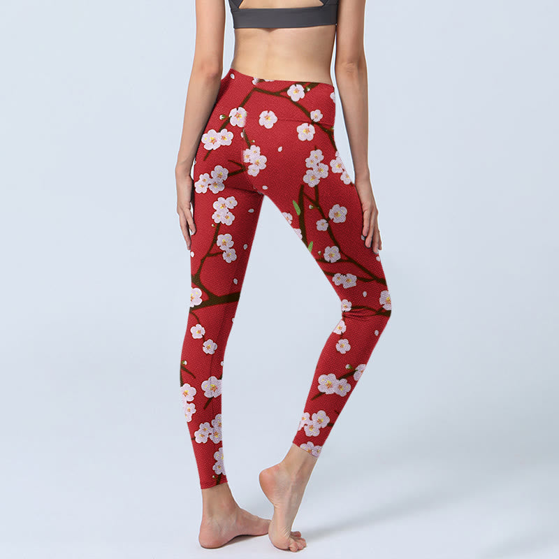 Leggings da palestra con stampa Buddha Stones, fiori di prugno, rami e foglie, pantaloni da yoga da donna - image 4