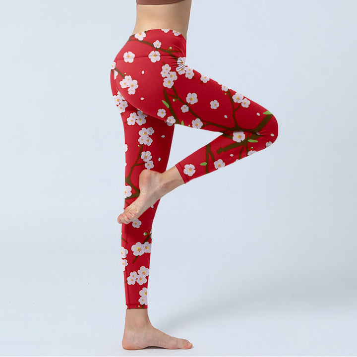 Leggings da palestra con stampa Buddha Stones, fiori di prugno, rami e foglie, pantaloni da yoga da donna - image 4