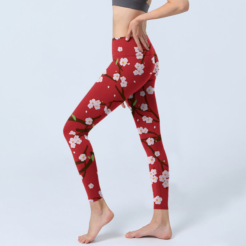 Leggings da palestra con stampa Buddha Stones, fiori di prugno, rami e foglie, pantaloni da yoga da donna - image 3
