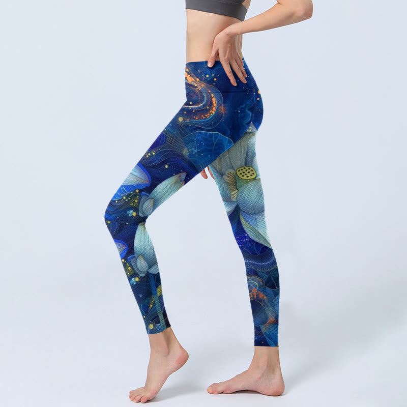 Leggings da palestra con stampa di Buddha Stones Blooming White Lotus, pantaloni da yoga da donna - image 2