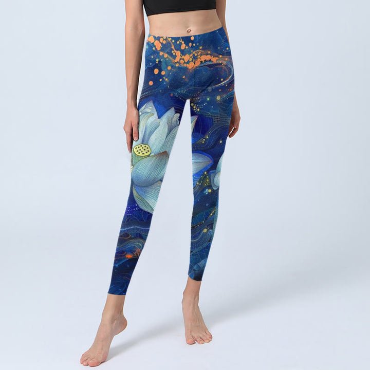 Leggings da palestra con stampa di Buddha Stones Blooming White Lotus, pantaloni da yoga da donna - image 5