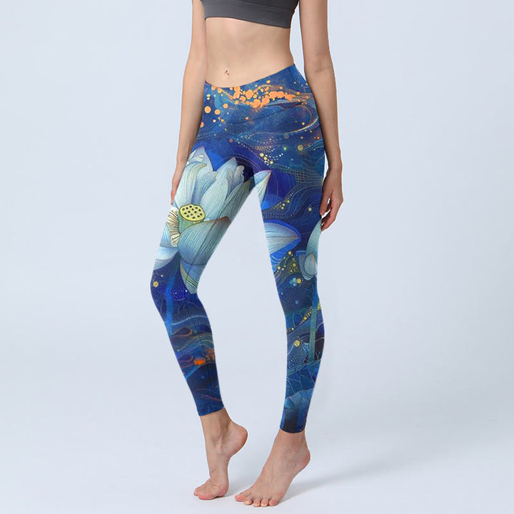 Leggings da palestra con stampa di Buddha Stones Blooming White Lotus, pantaloni da yoga da donna - SteelBlue - US18, UK/AU22, EU50 (4XL) - image 1