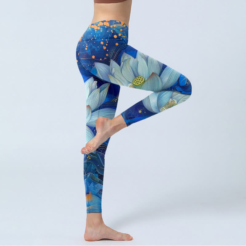 Leggings da palestra con stampa di Buddha Stones Blooming White Lotus, pantaloni da yoga da donna - image 3