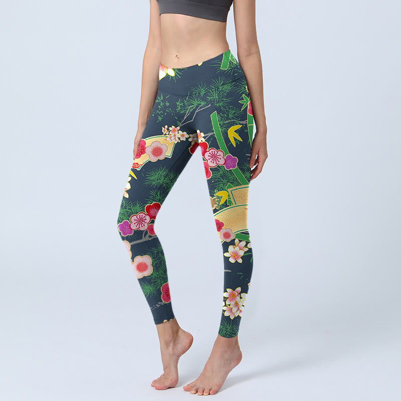 Leggings da palestra con stampa Buddha Stones Cherry Blossoms Bamboo Pine Tree, pantaloni da yoga da donna - Verde scuro - US18, UK/AU22, EU50 (4XL) - image 1