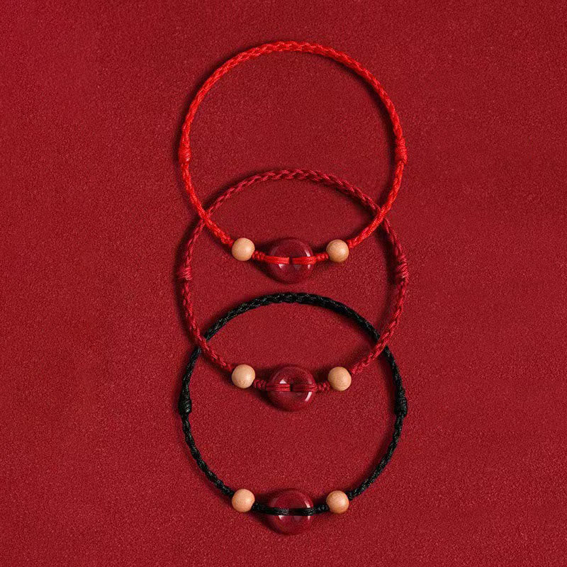 Braccialetto alla caviglia con corda della ricchezza, fibbia della pace in legno di pesca Buddha Stones