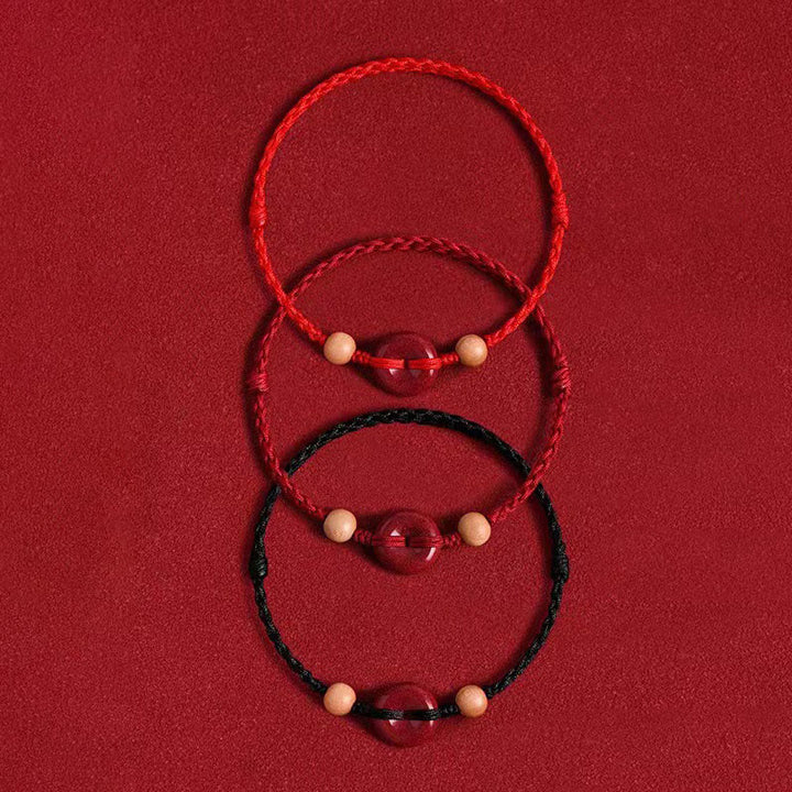 Braccialetto alla caviglia con corda della ricchezza, fibbia della pace in legno di pesca Buddha Stones