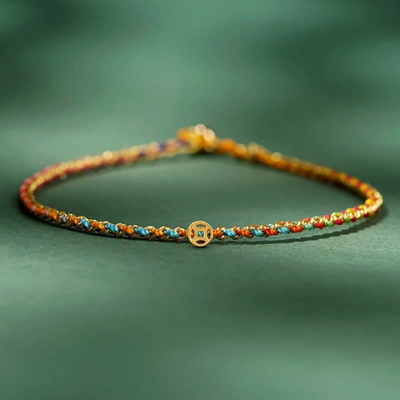 Bracciale intrecciato extra sottile con perline di moneta portafortuna in corda colorata Buddha Stones - Colorato - Corda con moneta di rame - 20 cm - image 0