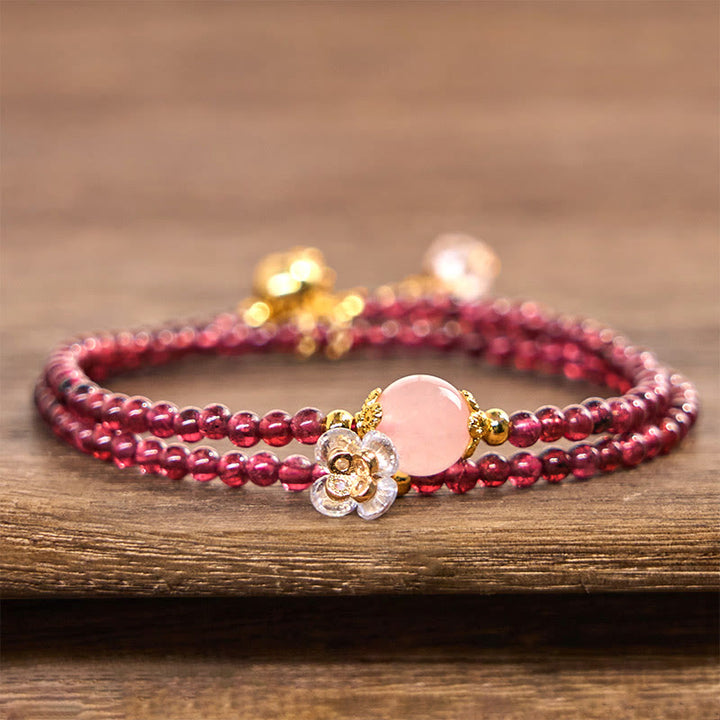 Braccialetto doppio giro in cristallo rosa e granato naturale Buddha Stones