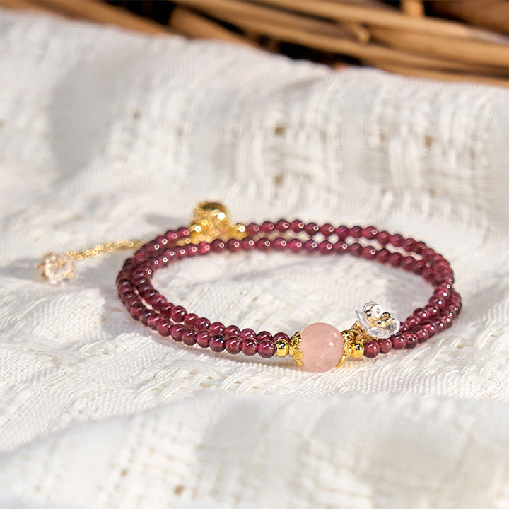 Braccialetto doppio giro in cristallo rosa e granato naturale Buddha Stones