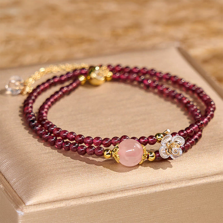 Braccialetto doppio giro in cristallo rosa e granato naturale Buddha Stones