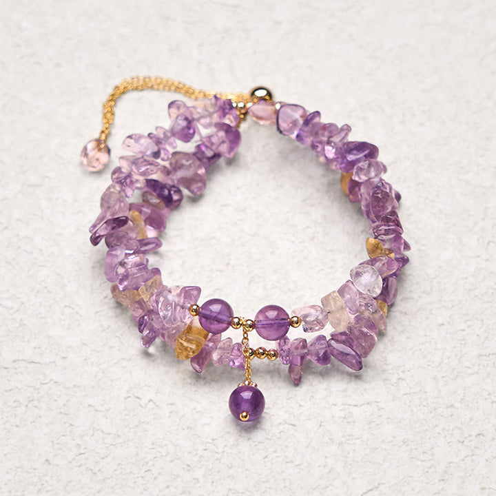 Braccialetto da meditazione a doppio strato con ghiaia irregolare naturale di ametista e citrino Buddha Stones