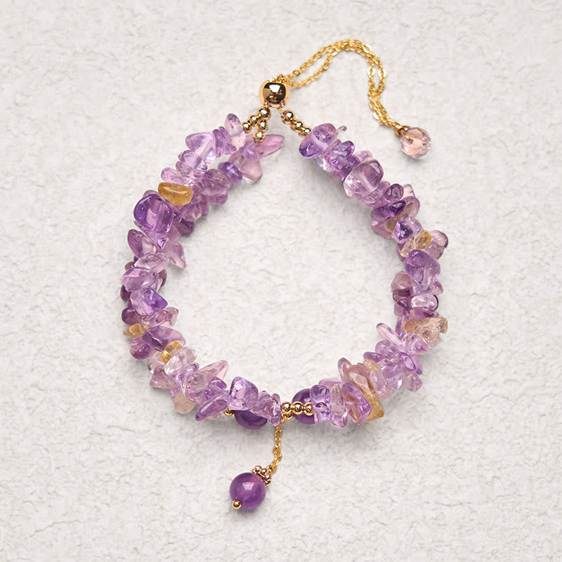 Braccialetto da meditazione a doppio strato con ghiaia irregolare naturale di ametista e citrino Buddha Stones