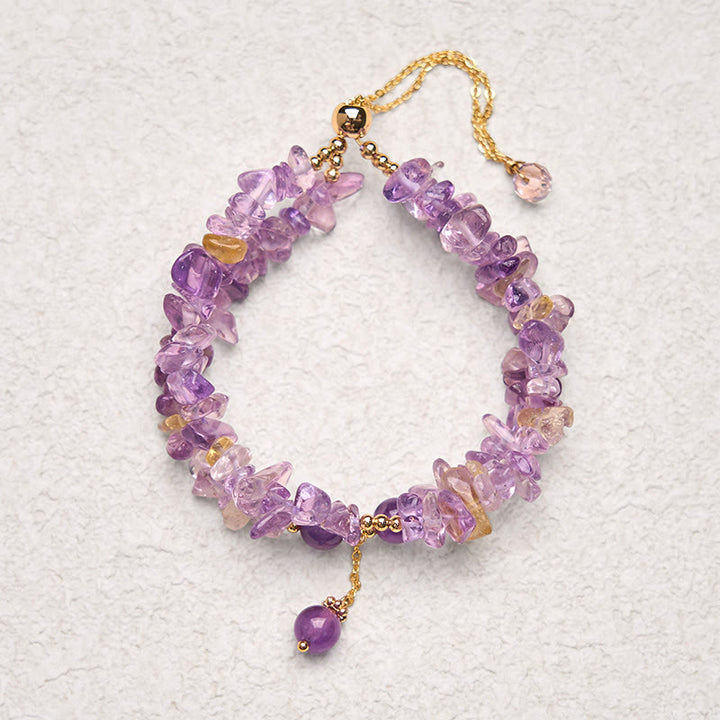 Braccialetto da meditazione a doppio strato con ghiaia irregolare naturale di ametista e citrino Buddha Stones