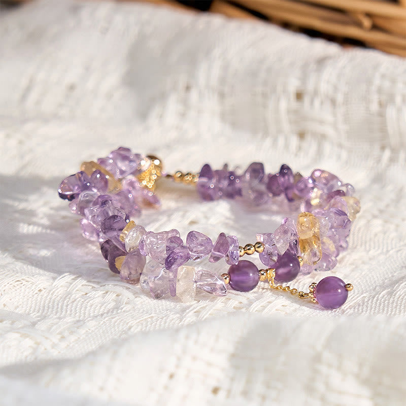 Braccialetto da meditazione a doppio strato con ghiaia irregolare naturale di ametista e citrino Buddha Stones
