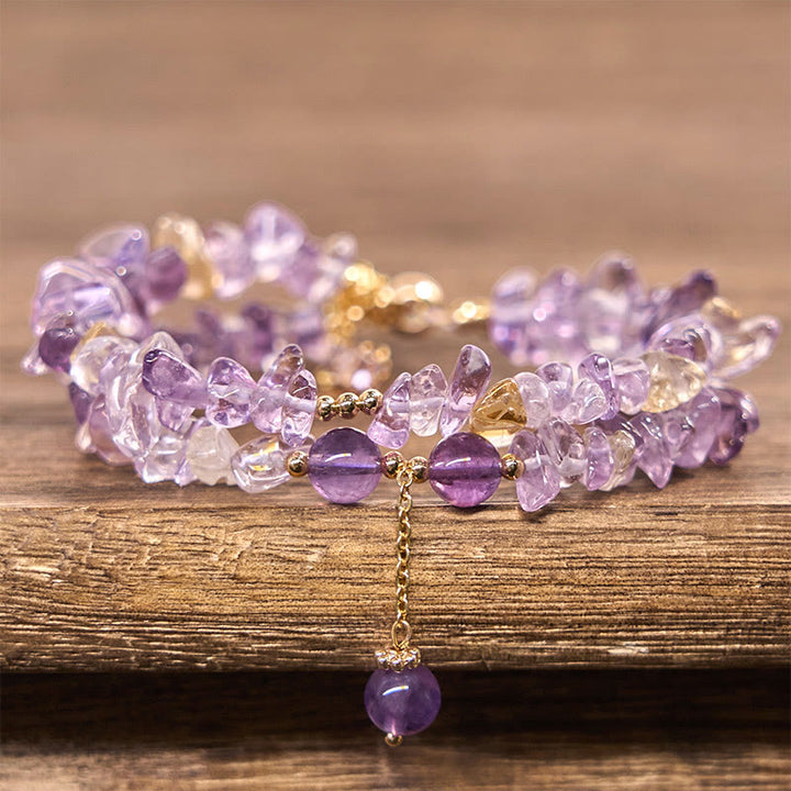Braccialetto da meditazione a doppio strato con ghiaia irregolare naturale di ametista e citrino Buddha Stones