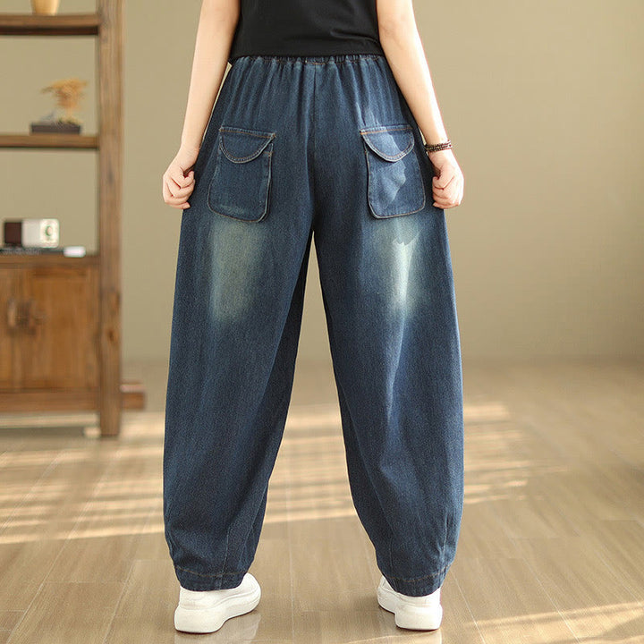 Pantaloni harem da donna in cotone con coulisse, casual, ardesia scura, tinta unita, Buddha Stones, con tasche - image 3