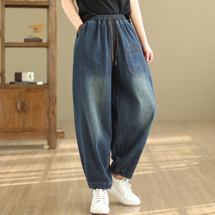Pantaloni harem da donna in cotone con coulisse, casual, ardesia scura, tinta unita, Buddha Stones, con tasche - image 4