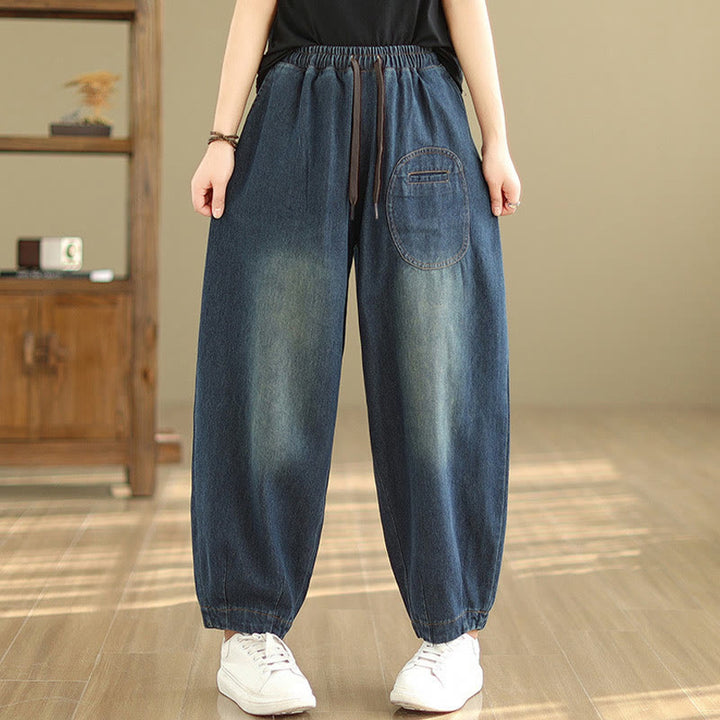Pantaloni harem da donna in cotone con coulisse, casual, ardesia scura, tinta unita, Buddha Stones, con tasche - image 2