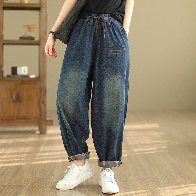 Pantaloni harem da donna in cotone con coulisse, casual, ardesia scura, tinta unita, Buddha Stones, con tasche - image 1