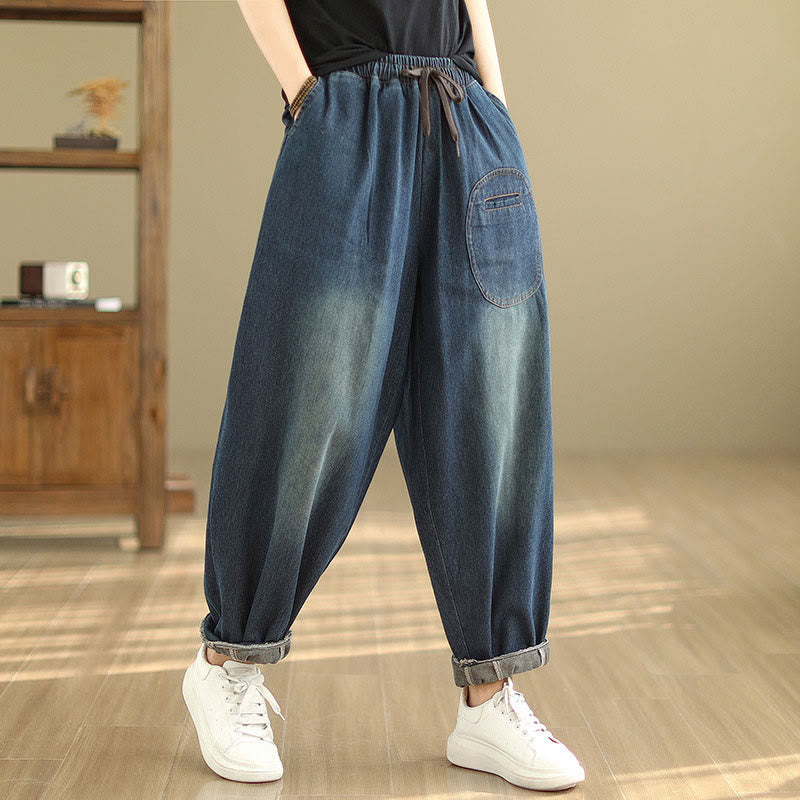 Pantaloni harem da donna in cotone con coulisse, casual, ardesia scura, tinta unita, Buddha Stones, con tasche - image 5