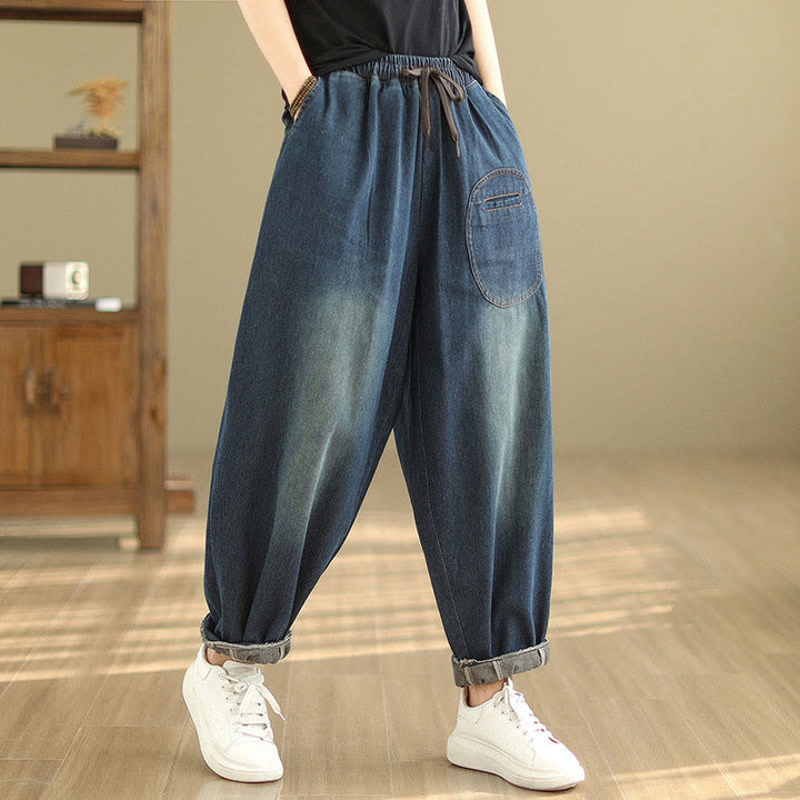 Pantaloni harem da donna in cotone con coulisse, casual, ardesia scura, tinta unita, Buddha Stones, con tasche - image 5