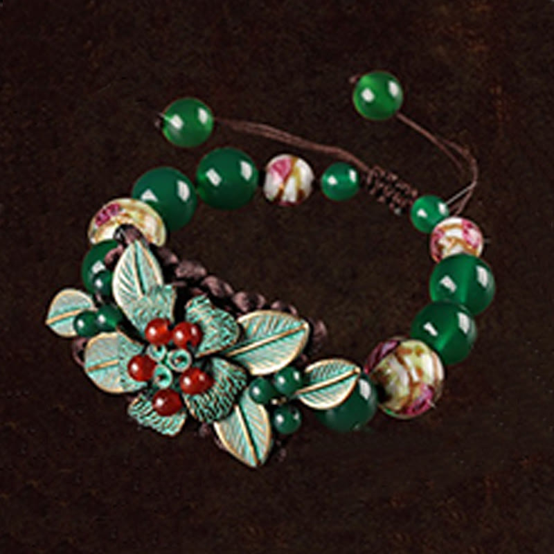 Bracciale con supporto a nodo intrecciato in perline di vetro agata verde Buddha Stones
