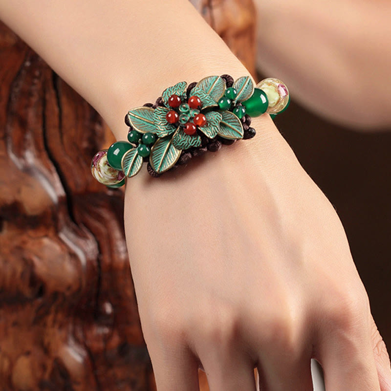 Bracciale con supporto a nodo intrecciato in perline di vetro agata verde Buddha Stones