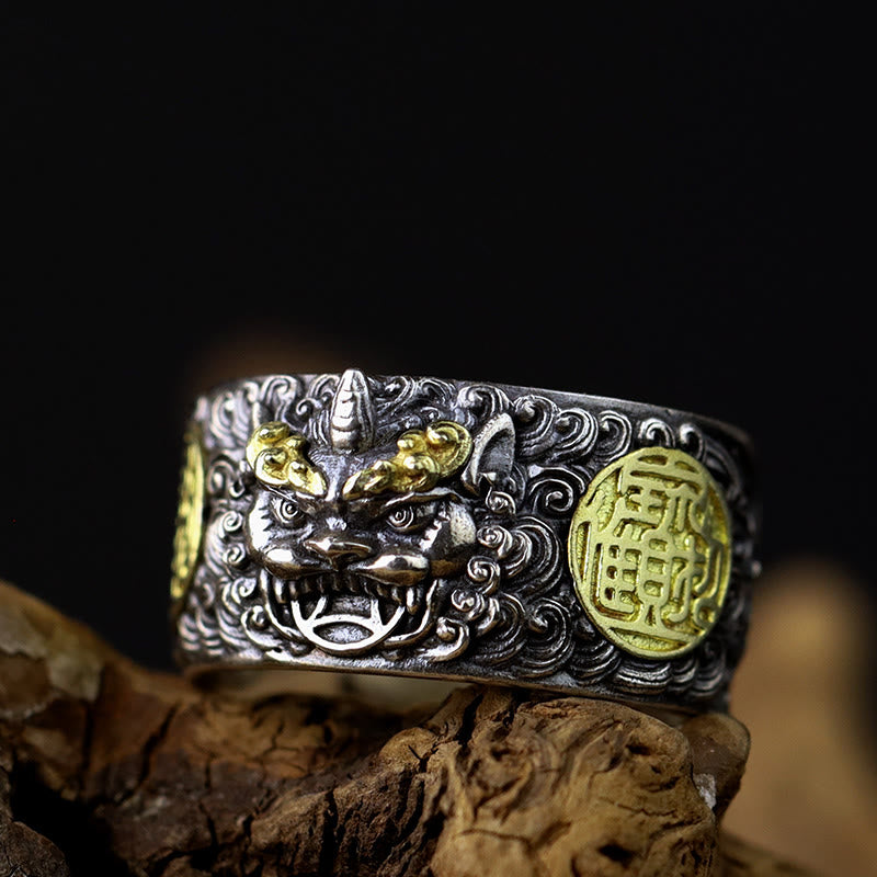 Anello regolabile in argento sterling 925 con moneta di rame PiXiu, Buddha Stones, ottone, ricchezza e fortuna - US12-US15 - image 0