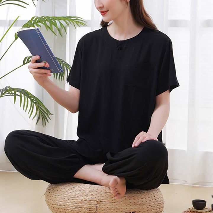 Set di 2 pezzi Buddha Stones, tinta unita, con bottoni a rana, design semplice, girocollo, mezza manica, pantaloni con elastico in vita, meditazione, zen, tai chi, abbigliamento in cotone da donna