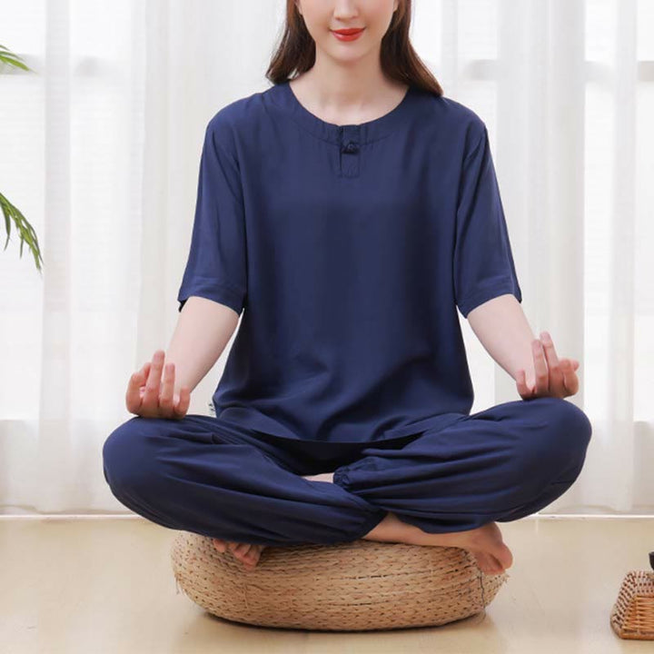 Set di 2 pezzi Buddha Stones, tinta unita, con bottoni a rana, design semplice, girocollo, mezza manica, pantaloni con elastico in vita, meditazione, zen, tai chi, abbigliamento in cotone da donna