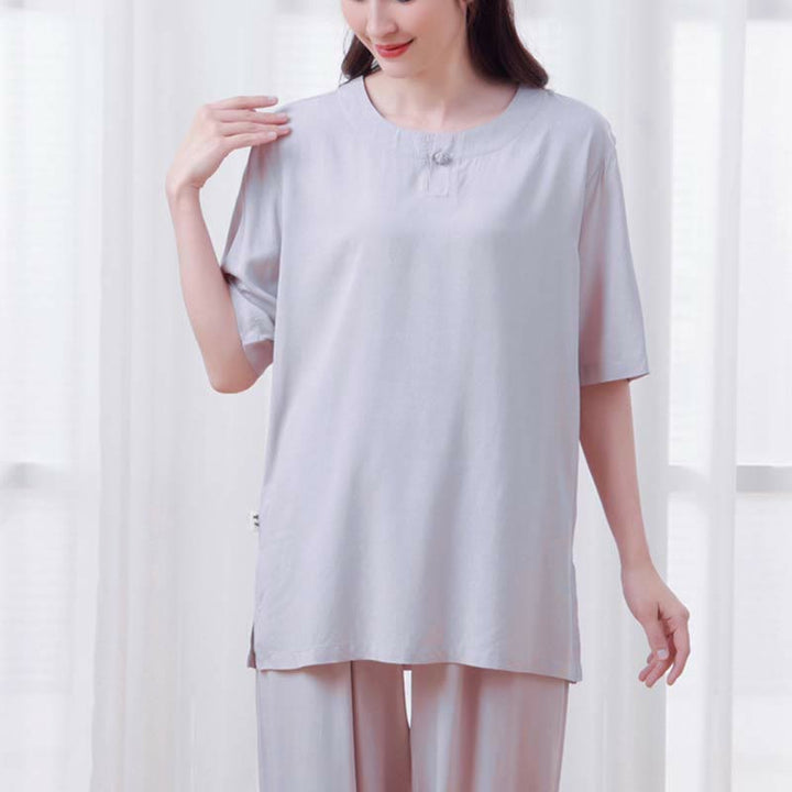Set di 2 pezzi Buddha Stones, tinta unita, con bottoni a rana, design semplice, girocollo, mezza manica, pantaloni con elastico in vita, meditazione, zen, tai chi, abbigliamento in cotone da donna