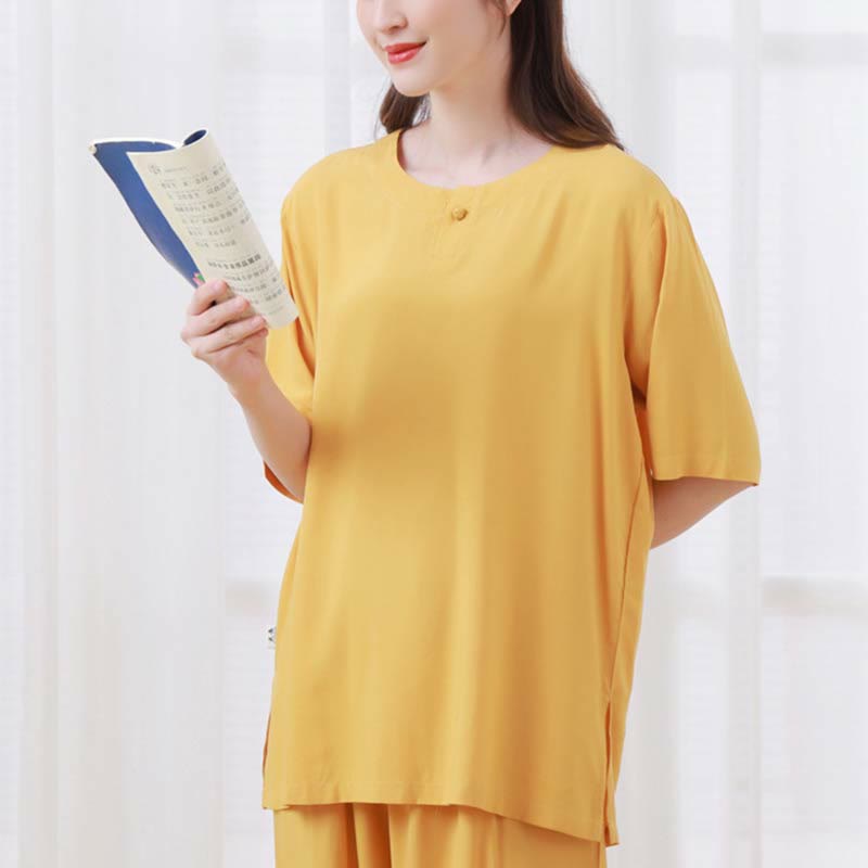 Set di 2 pezzi Buddha Stones, tinta unita, con bottoni a rana, design semplice, girocollo, mezza manica, pantaloni con elastico in vita, meditazione, zen, tai chi, abbigliamento in cotone da donna