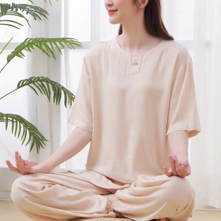 Set di 2 pezzi Buddha Stones, tinta unita, con bottoni a rana, design semplice, girocollo, mezza manica, pantaloni con elastico in vita, meditazione, zen, tai chi, abbigliamento in cotone da donna