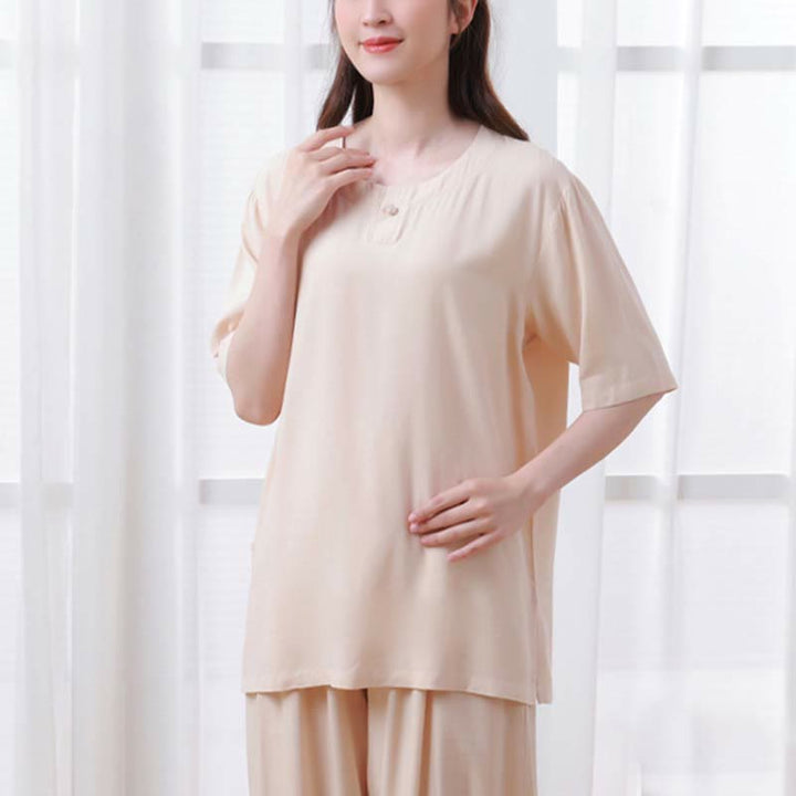 Set di 2 pezzi Buddha Stones, tinta unita, con bottoni a rana, design semplice, girocollo, mezza manica, pantaloni con elastico in vita, meditazione, zen, tai chi, abbigliamento in cotone da donna