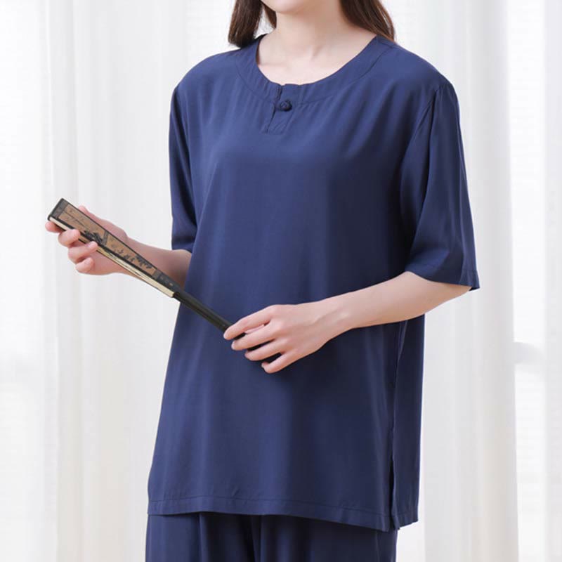 Set di 2 pezzi Buddha Stones, tinta unita, con bottoni a rana, design semplice, girocollo, mezza manica, pantaloni con elastico in vita, meditazione, zen, tai chi, abbigliamento in cotone da donna