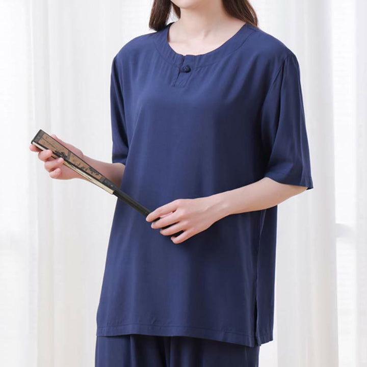 Set di 2 pezzi Buddha Stones, tinta unita, con bottoni a rana, design semplice, girocollo, mezza manica, pantaloni con elastico in vita, meditazione, zen, tai chi, abbigliamento in cotone da donna