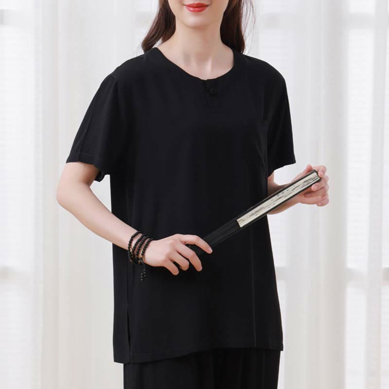 Set di 2 pezzi Buddha Stones, tinta unita, con bottoni a rana, design semplice, girocollo, mezza manica, pantaloni con elastico in vita, meditazione, zen, tai chi, abbigliamento in cotone da donna