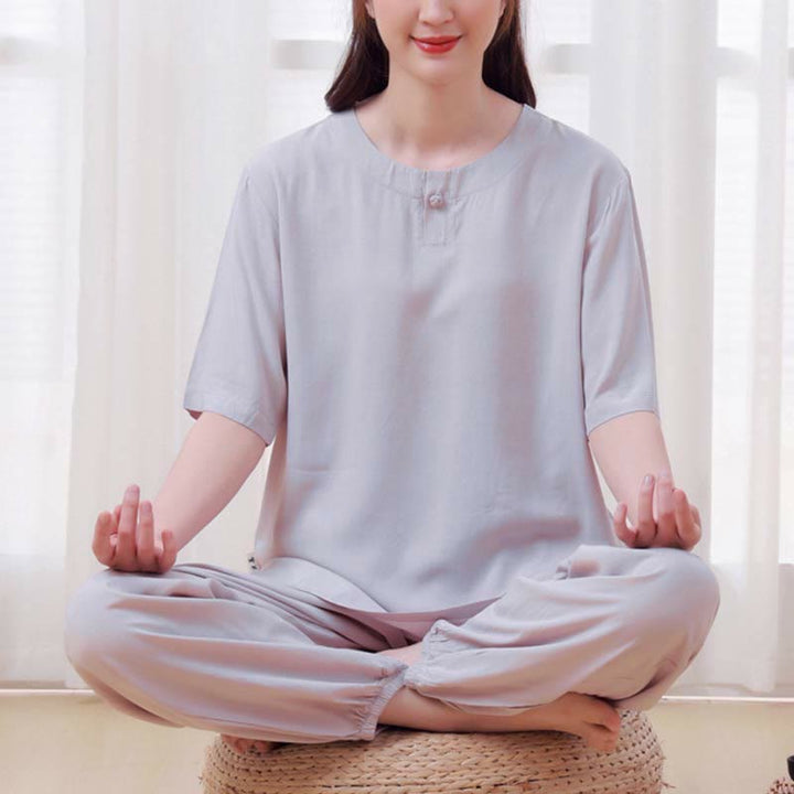 Set di 2 pezzi Buddha Stones, tinta unita, con bottoni a rana, design semplice, girocollo, mezza manica, pantaloni con elastico in vita, meditazione, zen, tai chi, abbigliamento in cotone da donna