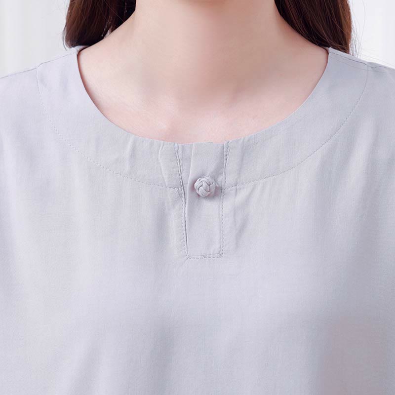 Set di 2 pezzi Buddha Stones, tinta unita, con bottoni a rana, design semplice, girocollo, mezza manica, pantaloni con elastico in vita, meditazione, zen, tai chi, abbigliamento in cotone da donna