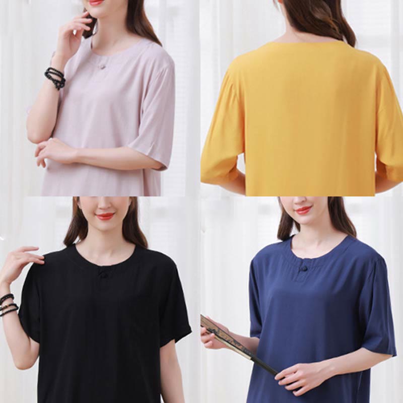 Set di 2 pezzi Buddha Stones, tinta unita, con bottoni a rana, design semplice, girocollo, mezza manica, pantaloni con elastico in vita, meditazione, zen, tai chi, abbigliamento in cotone da donna