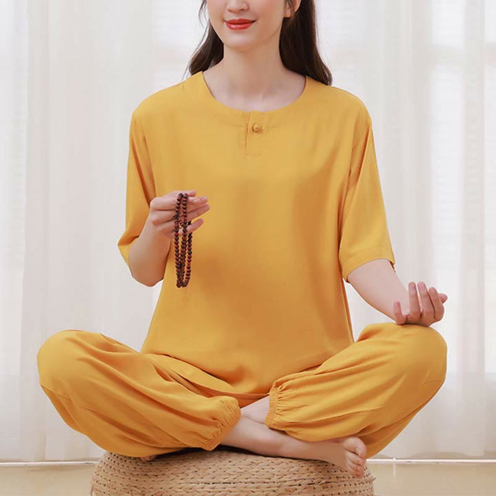 Set di 2 pezzi Buddha Stones, tinta unita, con bottoni a rana, design semplice, girocollo, mezza manica, pantaloni con elastico in vita, meditazione, zen, tai chi, abbigliamento in cotone da donna