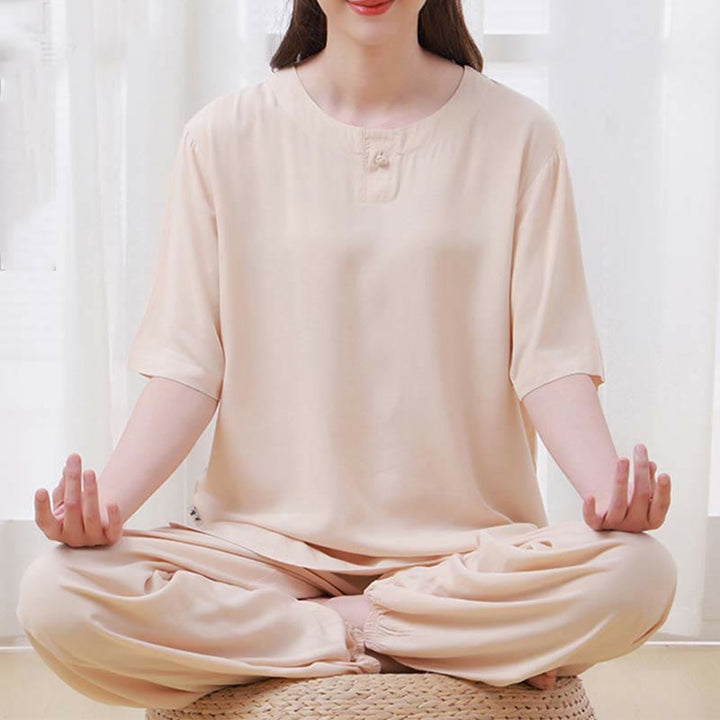Set di 2 pezzi Buddha Stones, tinta unita, con bottoni a rana, design semplice, girocollo, mezza manica, pantaloni con elastico in vita, meditazione, zen, tai chi, abbigliamento in cotone da donna