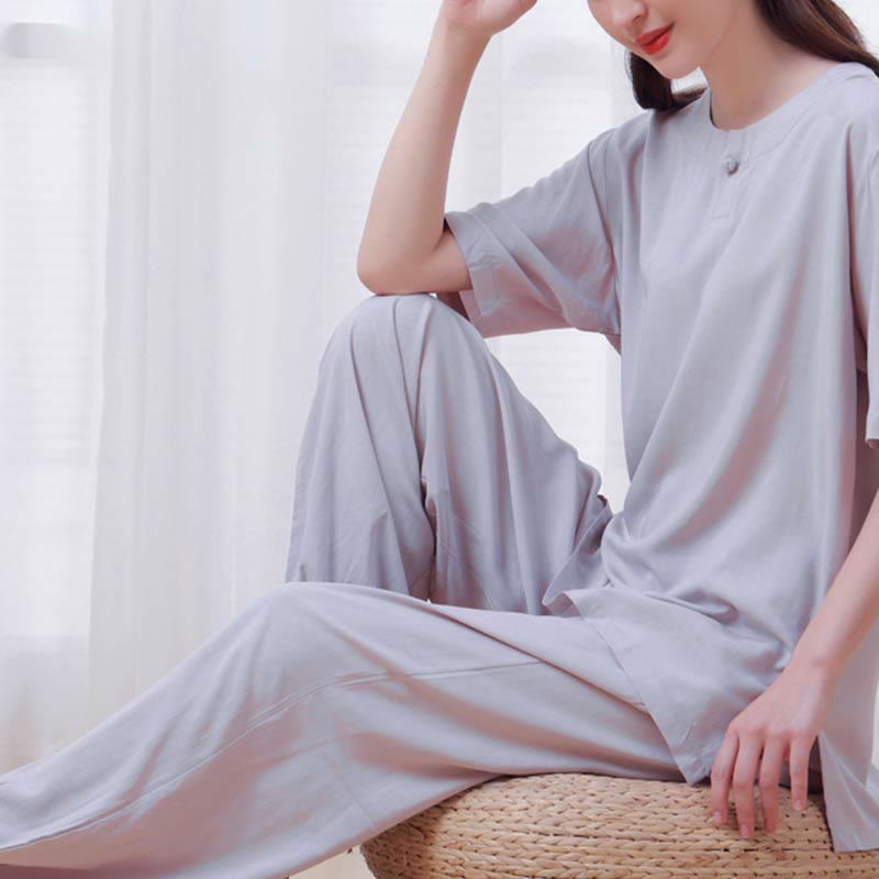 Set di 2 pezzi Buddha Stones, tinta unita, con bottoni a rana, design semplice, girocollo, mezza manica, pantaloni con elastico in vita, meditazione, zen, tai chi, abbigliamento in cotone da donna