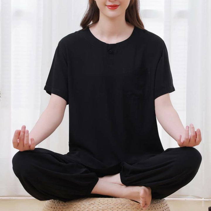 Set di 2 pezzi Buddha Stones, tinta unita, con bottoni a rana, design semplice, girocollo, mezza manica, pantaloni con elastico in vita, meditazione, zen, tai chi, abbigliamento in cotone da donna