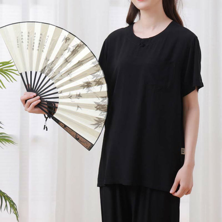 Set di 2 pezzi Buddha Stones, tinta unita, con bottoni a rana, design semplice, girocollo, mezza manica, pantaloni con elastico in vita, meditazione, zen, tai chi, abbigliamento in cotone da donna