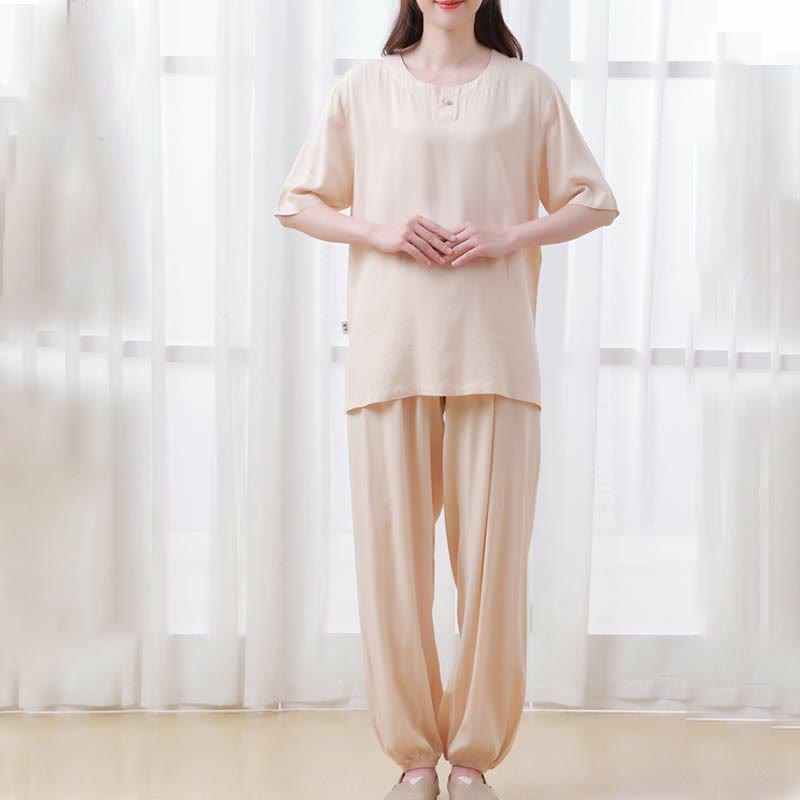 Set di 2 pezzi Buddha Stones, tinta unita, con bottoni a rana, design semplice, girocollo, mezza manica, pantaloni con elastico in vita, meditazione, zen, tai chi, abbigliamento in cotone da donna