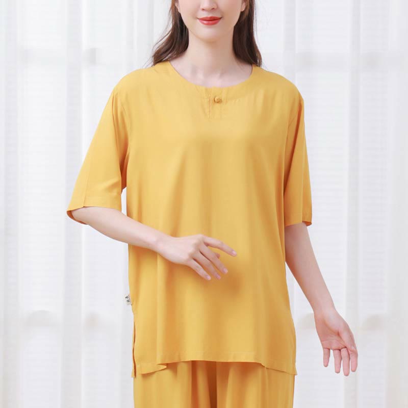 Set di 2 pezzi Buddha Stones, tinta unita, con bottoni a rana, design semplice, girocollo, mezza manica, pantaloni con elastico in vita, meditazione, zen, tai chi, abbigliamento in cotone da donna
