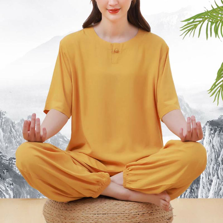 Set di 2 pezzi Buddha Stones, tinta unita, con bottoni a rana, design semplice, girocollo, mezza manica, pantaloni con elastico in vita, meditazione, zen, tai chi, abbigliamento in cotone da donna