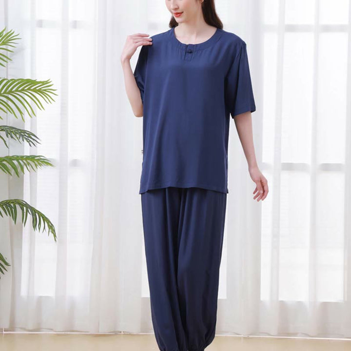 Set di 2 pezzi Buddha Stones, tinta unita, con bottoni a rana, design semplice, girocollo, mezza manica, pantaloni con elastico in vita, meditazione, zen, tai chi, abbigliamento in cotone da donna